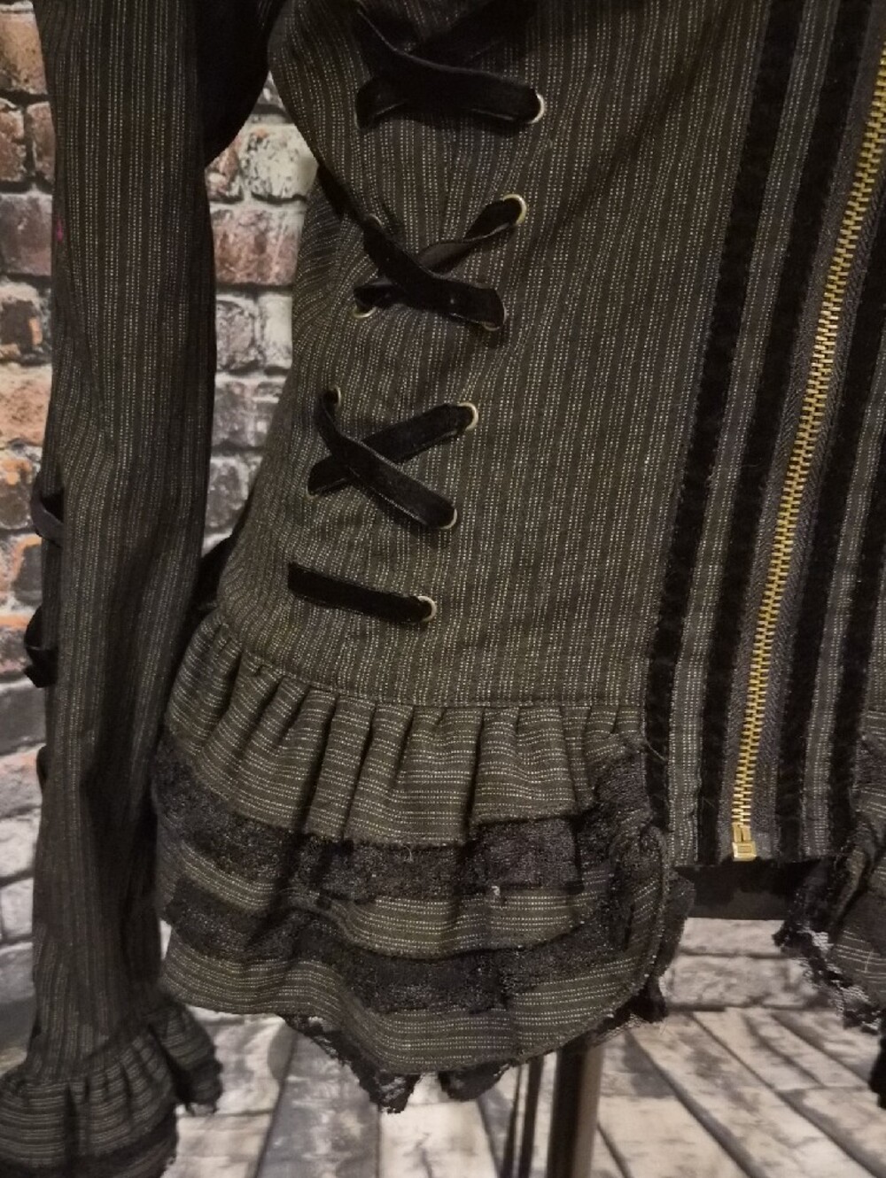 Black Steampunk Pinstripe Ruffled Zip Front Jacket - Picture 8 of 10